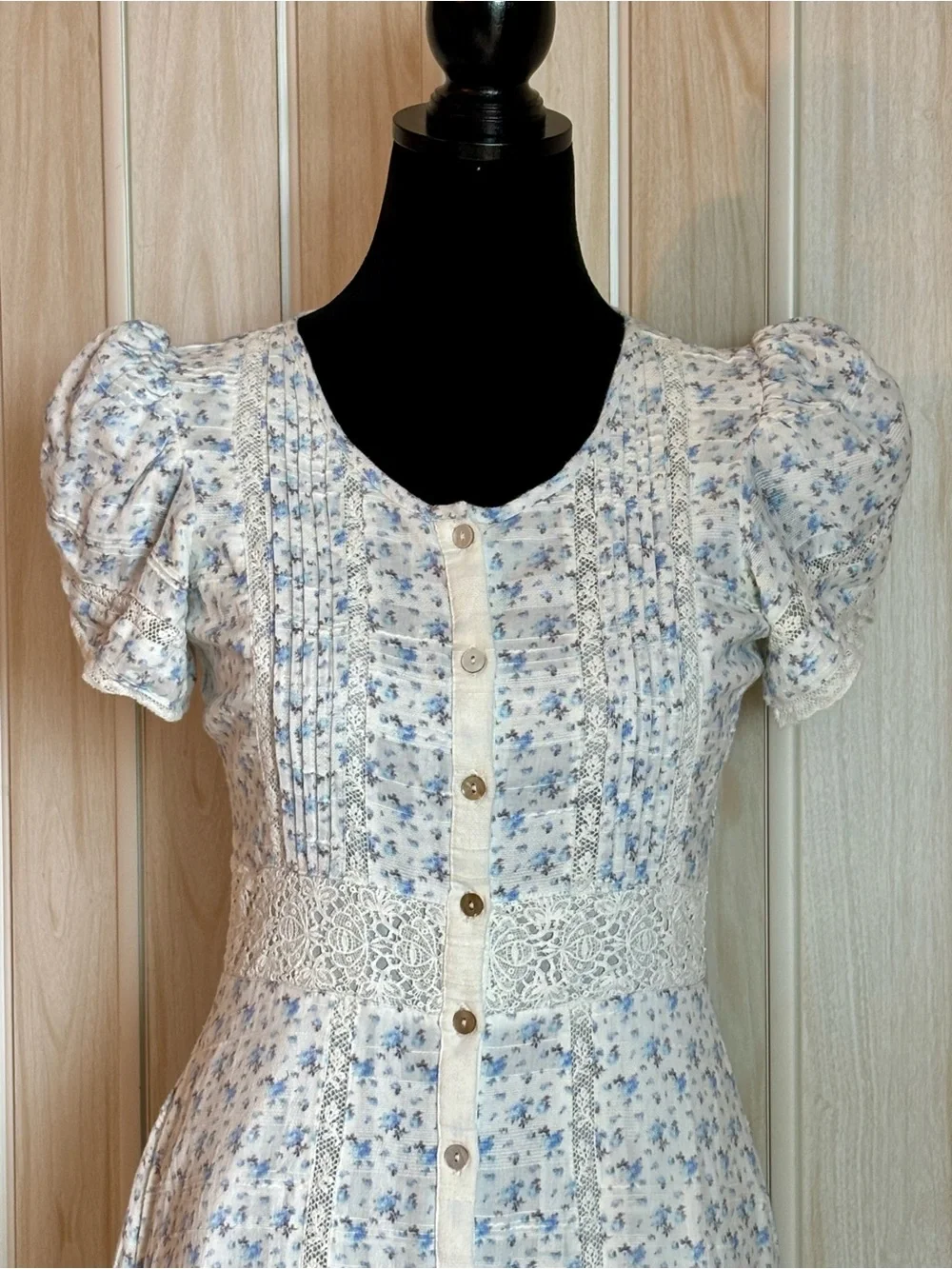 LoveShackFancy White with Light Blue Floral Puff-Sleeve Maxi Dress - Picture 2 of 8